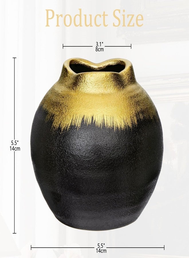 GnFlus Black Ceramic Flower Vase,Boho Vase with Unique Textures,Soft Form of Gold vase Mouth Pottery Decorative Flower Vase for Home Decor,Living Room Decoration,Table Shelf Decor - Image 3
